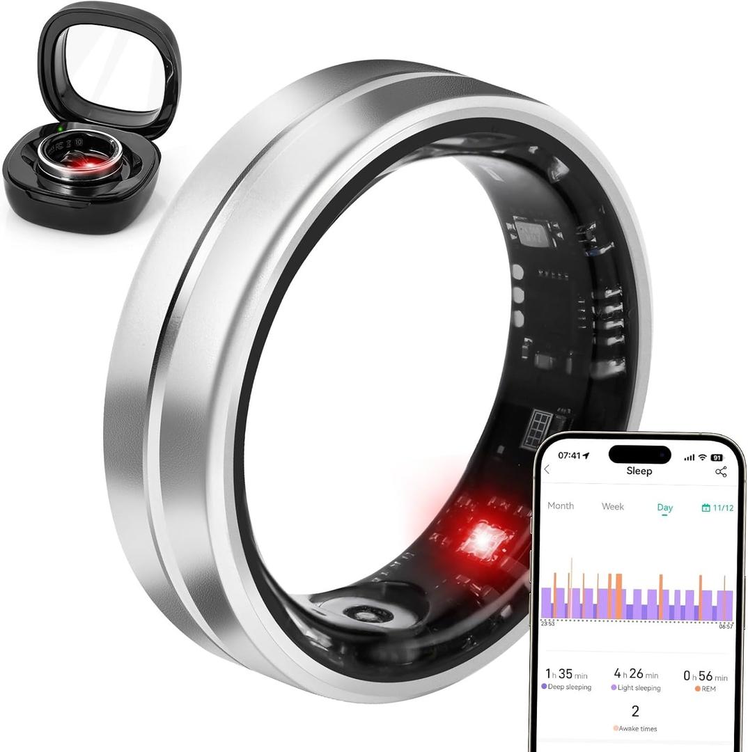 Smart Ring Fitness Tracker for Women Men - Waterproof Health Rings for Sleep Tracker, Heart and Blood Oxygen Monitor, Fitness Ring for Family Care, Health Monitor for Step and Calories Counter(7#) (Silver)