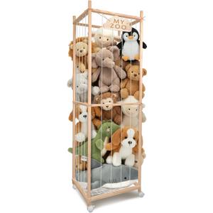 Stuffed Animal Storage Zoo with Wheels, 64" Wooden Large Stuff Animals Plushies Holder Toy Organizer Kids Plush Storage Cage with Elastic Band and Net for Nursery Playroom Corner for Toddler