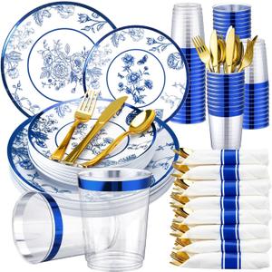 350 Pcs Plastic Dinnerware Set for 50 Guests Include 50 Dinner Plates, 50 Dessert Plates, 50 Pre Rolled Napkins with Gold Silverware, 50 Cups for Party(Blue and White Porcelain)