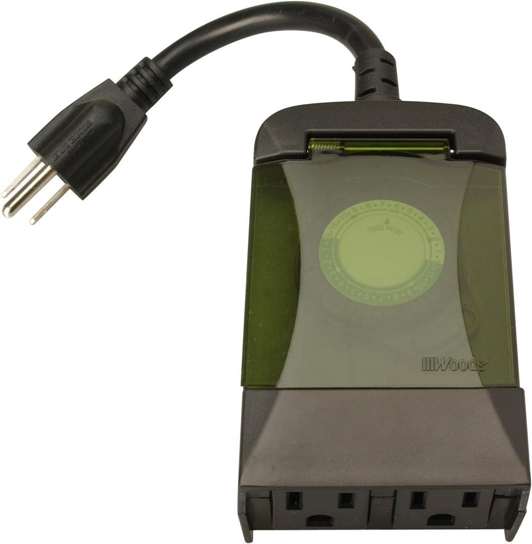 Woods 50011 Outdoor 24-Hour Plug-in Mechanical Timer with 2 Grounded Outlets; Energy Saving; Quick Tool Free; Weatherproof Housing; Programmable Settings; 6-Inch Cord; Black
