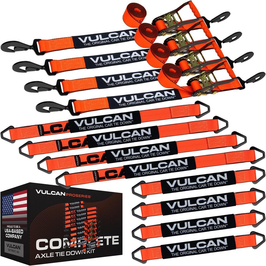 VULCAN Complete Axle Strap Tie Down Kit - PROSeries - Includes (4) 22" Axle Straps, (4) 36" Axle Straps, and (4) 8' Snap Hook Ratchet Straps, 12 Count
