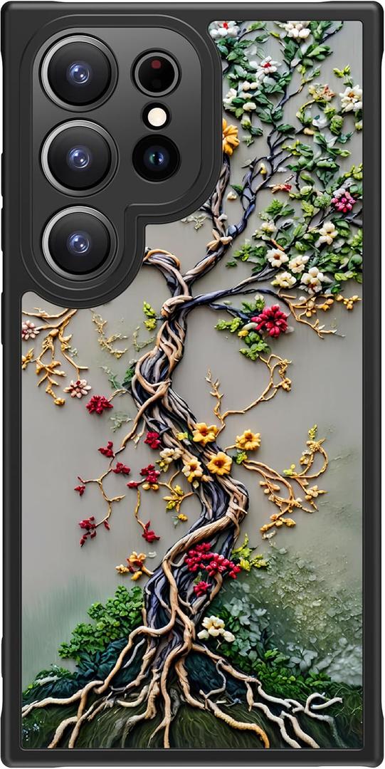 FUNMIKO for Samsung Galaxy S25 Ultra Case Wireless Charging & Military-Grade Protection - Trendy Floral Design for Women Girls, Matte Phone Cover with Shockproof Corners - Blooming Tree of Life