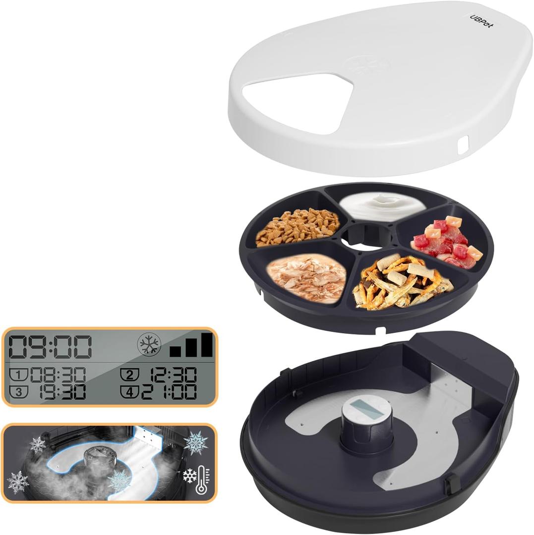UBPET Cat Wet Food Automatic Feeder with Cooling, Semiconductor Refrigeration, with Timer, 5 Food Compartments for 330g Pet Food Each, Premium Meal Plates, Washable, for Cats
