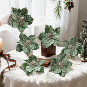 Magnolia Glitter Flowers 6PCS Single Stem Christmas Flowers for Home Table Festivals Indoor Outdoor Decor (Green)