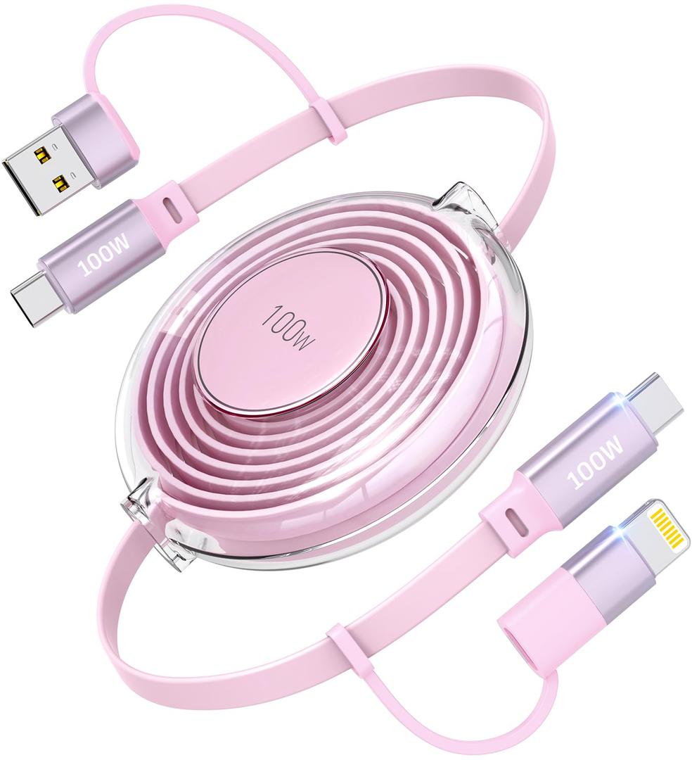 Retractable USB-C Cable, 100W 4-in-1 Multi Charging Cable, USB-C/A to Lightning/USB-C Retractable Charger Cord for iPhone 16, iPhone 15, Samsung, MacBook, iPad (Pink)