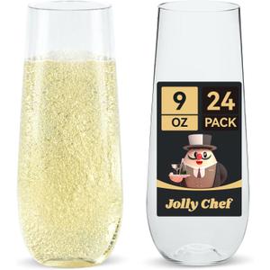 JOLLY CHEF 24 Pack Stemless Plastic Champagne Flutes 9 oz, Crystal Clear Stemless Plastic Toasting Glasses, Clear Disposable Unbreakable Drinkware Ideal for Wedding, Birthday, Party, Thanksgiving