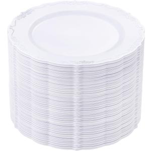 DaYammi 60PCS White and Silver Plastic Plates, Heavy Duty White and Silver Disposable Plates Premium 10inch White Dinner Plates Hard Plastic Plates Disposable for Party Wedding Bridal Shower
