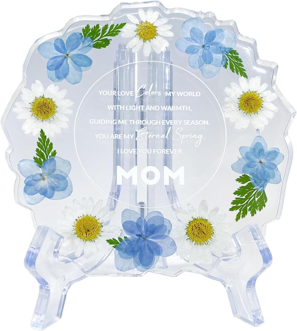 Gift for Mom Resin Floral Keepsake Plate Decor with Pressed Real Flowers (Blue & White)– Mom Birthday Gifts, Unique Handmade Keepsake for Women