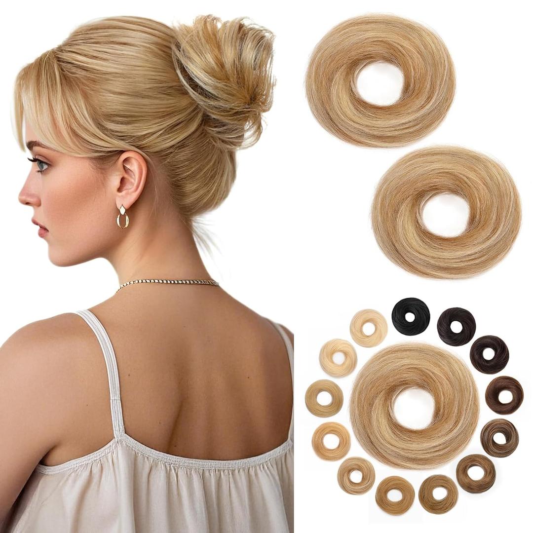 Hairro Messy Bun Hair Piece Human Hair, 100% Real Ponytail Scrunchies Natural Curly Chignon Fluffy Donut Updo, Hairpiece with Elastic Rubber Band for Women, 2 Count Golden Brown Mix Bleach Blonde