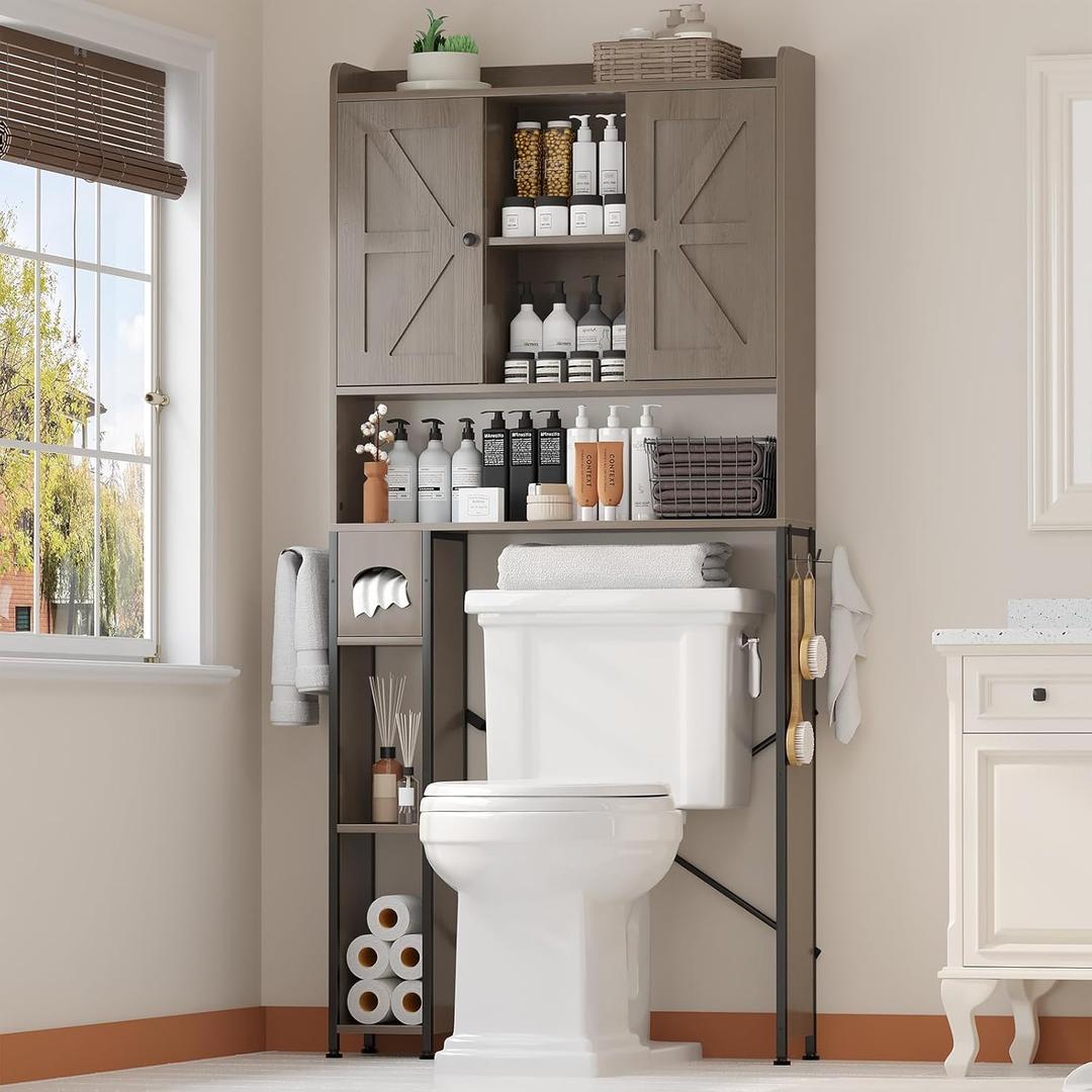 32"W Over The Toilet Storage Cabinet with Metal Frame and 7 Storage Shelves, Bathroom Organizer with Adjustable Shelves and Paper Holder, Farmhouse Storage Cabinet for Bathroom, Laundry, Oak Grey