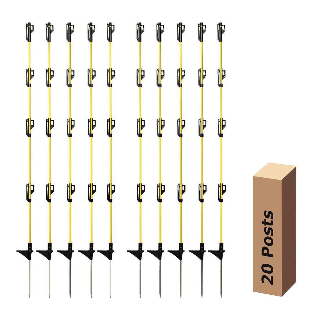 48 Inches Electric Fence Fiberglass Posts, 20 Pack Step in Electric Fence Post, Temporary Portable Fence Stakes for Livestock, Big Insulator, Yellow