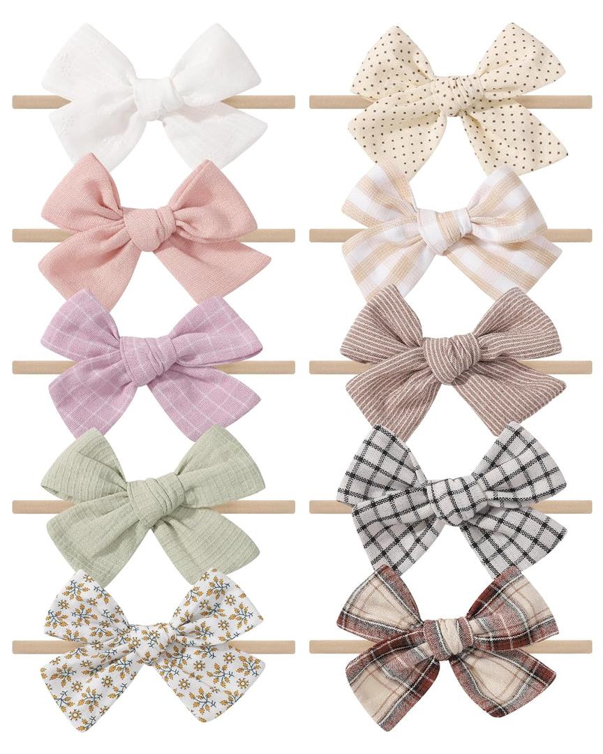doboi 10PCS Baby Girls Headbands Hair Bows Nylon Cotton Linen Hairbands Fine Handmade Hair Accessories for Newborn Infant Toddlers Little Girls-Solid Plaid Stripe and Flowers