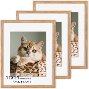 Heimlove 11x14 Picture Frame for wall,Premium Solid Oak Wood Frames Mat for 8x10 Picture & Tempered Glass-11x14 frame for Wall Art Photo and Prints,Tabletop Display family picture-Natural Oak 3 pack