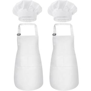 2 Pack Kids Chef Apron and Hat, Adjustable Kitchen Cooking Apron with Two Pockets for Girls Boys (White)