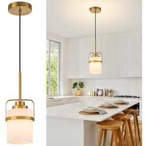 Modern Brass Pendant Lights Kitchen Island Light, Adjustable Hanging Light Fixture with Milk Glass Shade, Farmhouse Pendant Light for Dining Room Bar Over Sink/Table/Counter, 1 Pack