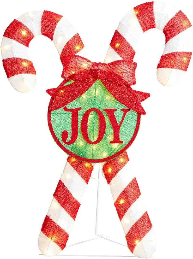 Glitzhome Lighted Christmas Candy Cane Outdoor Decor 35.5" H Holiday Decoration with 60 Warm White LED Lights, Stakes, Zips Ties