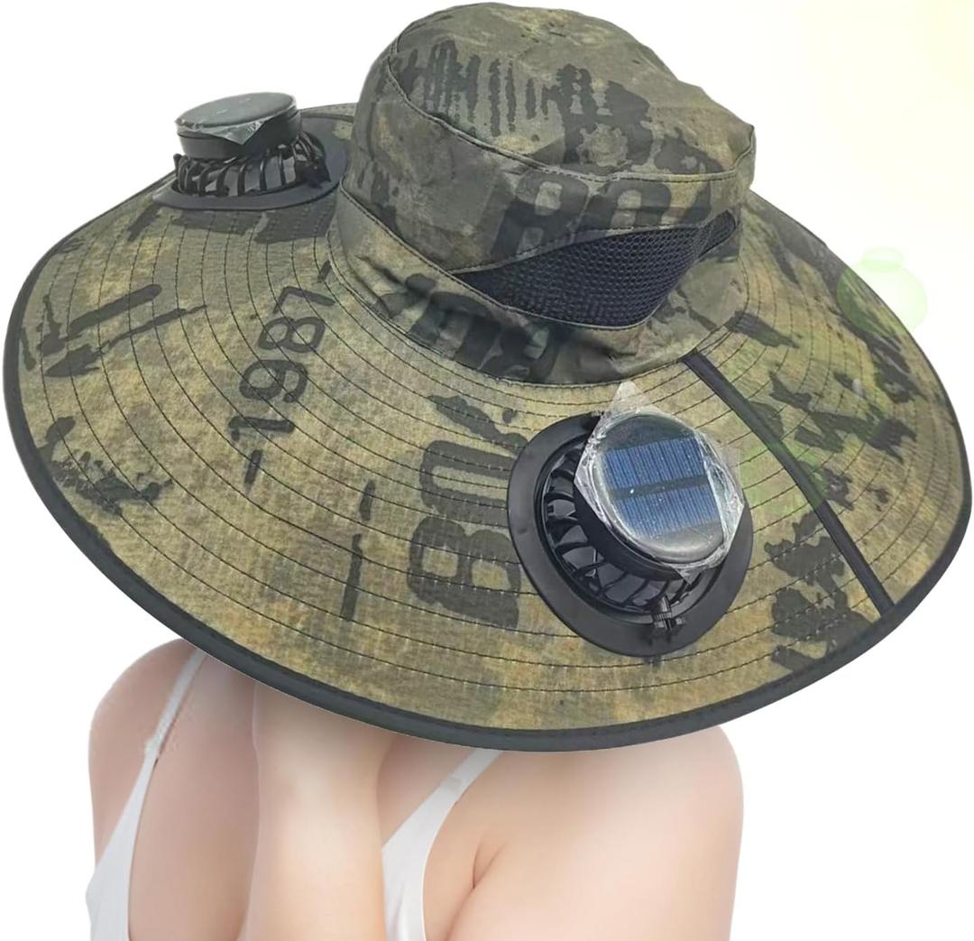 Wide Brim Sun Hat - Outdoor Bucket Fishing Cap | UV Blocking Sunhat Hat Built in Fan and 3 Wind Speeds, USB Charging Breathable Packable Broad Brimmed Shade for Trekking Farming Beach (Green)