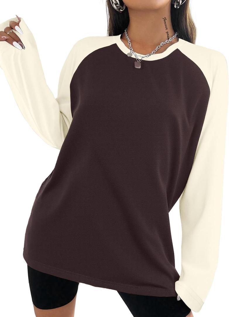 Remidoo Women Raglan Shirts Color Block Long Sleeve Oversized T Shirt Crewneck Casual Tee Top Beige Brown Small