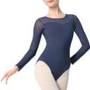 Mesh Long Sleeve Dance Leotard for Women,Teens, Ballet Bodysuits (Small, Dark Blue)