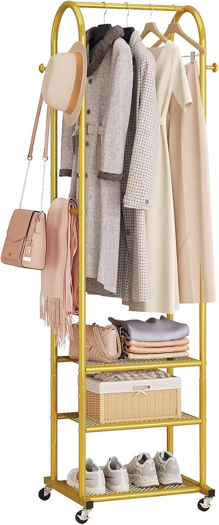 Dttwacoyh Hall Tree with Wheels and Hanging Hooks,Heavy-Duty Metal Coat Rack with Shoe Shelves,3-in-1 Narrow Entryway Storage for Small Space,Suitable for Hallway,Bedroom and Bathroom,Gold