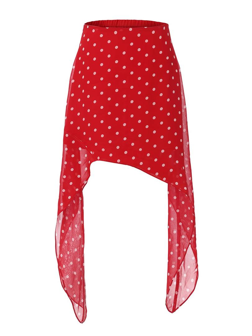 EXLURA Women Summer Boho Skirts Polka Dot Asymmetrical Midi Skirts Red (Red, XS)