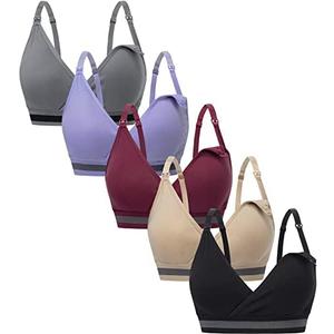 Suekaphin 5Pack Nursing Bra Deep V Neck for Breastfeeding,Seamless Maternity Bralette Wirefree Padded Cup Nursing Bra, Medium