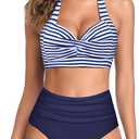 Tempt Me Women Two Piece Vintage Swimsuit Retro Halter Ruched High Waist Bikini with Bottom (Large, Navy Stripe)