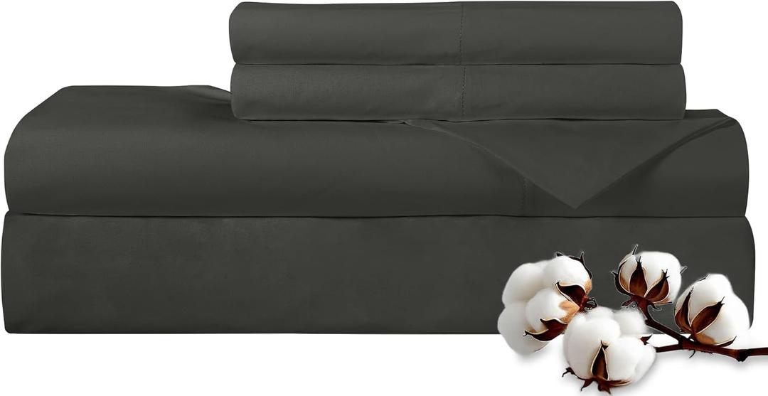 ROYALE LINENS 300 Thread Count 100% Long Staple Combed Cotton Sheet Set - 4 Piece Queen Bed Sheets - 1 Fitted, 1 Flat & 2 Pillow Cases - Soft Cool & Crisp Sheet Set (Queen, Black)