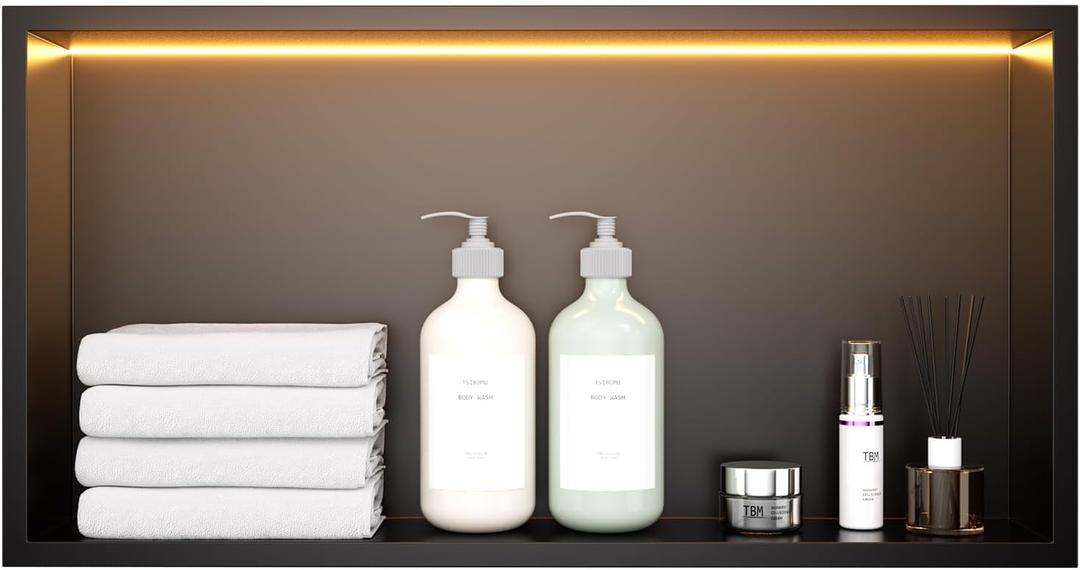 Stainless Steel 12"x24" LED Lights Shower Niche - No Tile Needed Recessed Wall Niche Waterproof for Walk in Shower Bathroom Storage, Matte Black, W24" X H12"