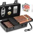 Travel Cigar Case Holds 10 Cigars, Portable Cigar Humidor Includes Cigar Cutter, Humidifier, Hygrometer - Cigar Accessories Set for Men (Black)
