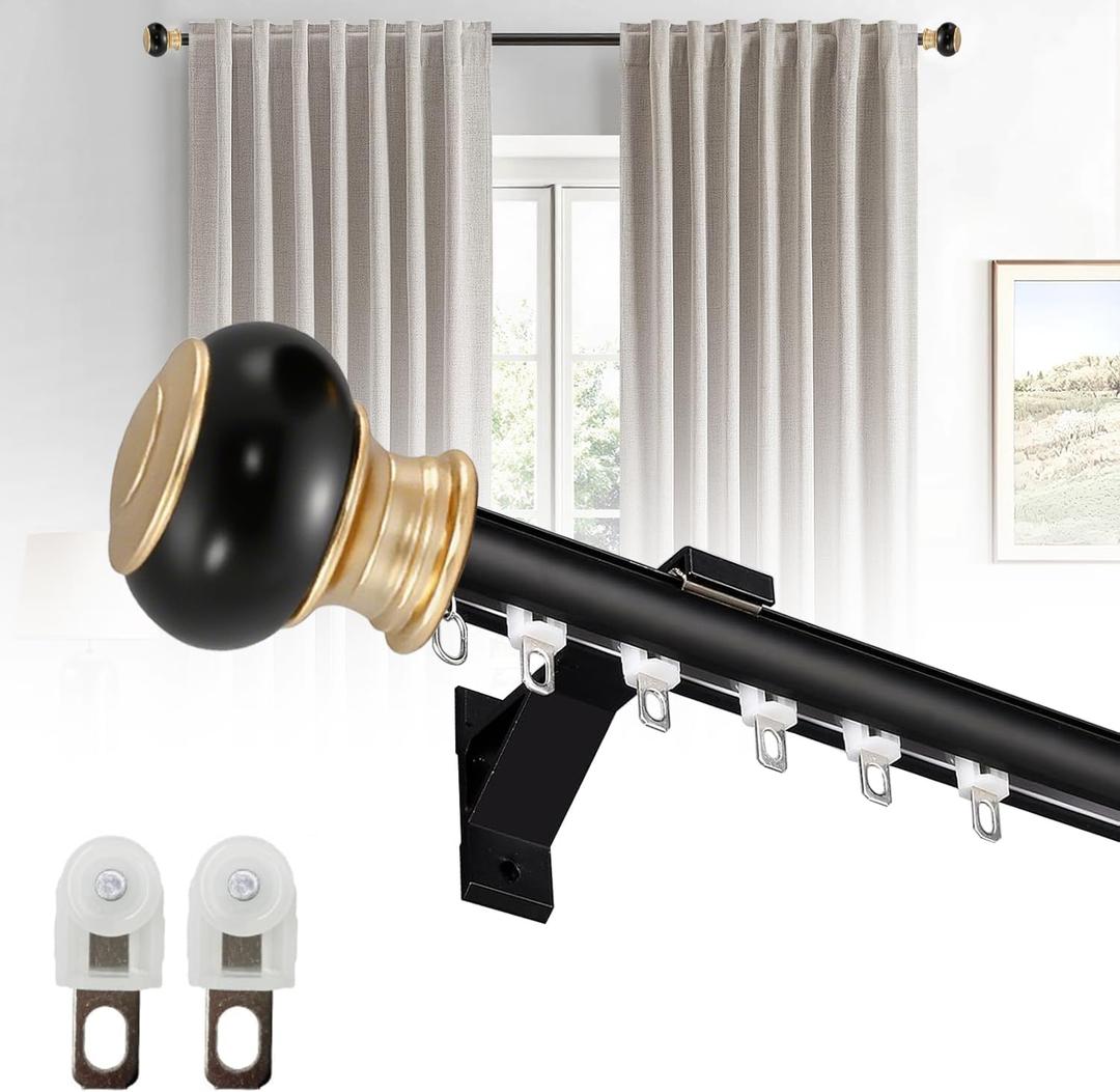 Wall Mounted Curtain Track Silent Curtain Rail Track System Roman Rod Heavy-Duty Single Roman Curtain Rods Aluminum Sliding Curtains Rails for Room Divider Living Bedroom (Black, 7.5FT(2.3m))