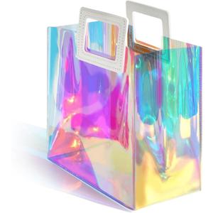 VUOJUR Holographic Small Gift Bag 8.3x8x4'' Clear Reusable Birthday Gift Bag for Women Girls Iridescent Bachelorette Wedding Christmas with Handle (1 Count (Pack of 1))