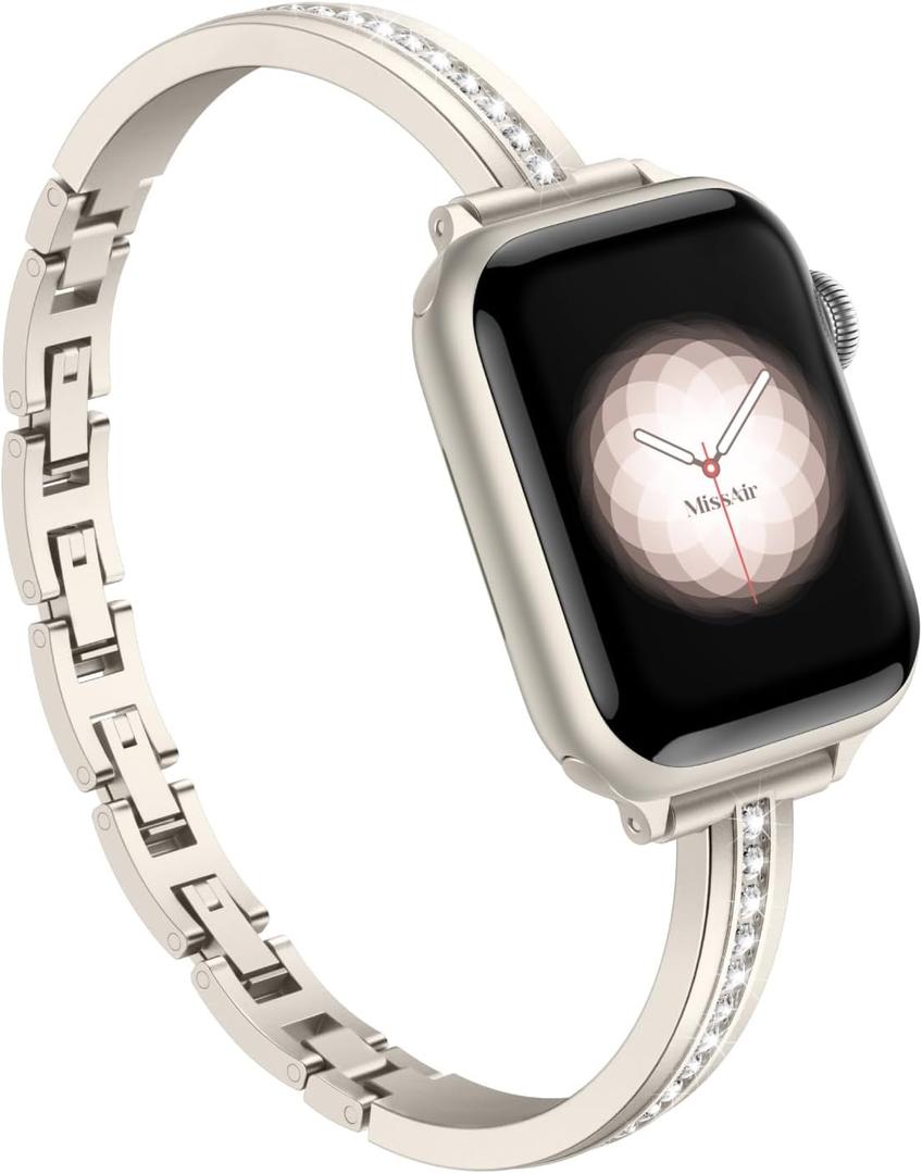 Missair Bands Compatible with Apple Watch Band 38mm 40mm 41mm 42mm 44mm 45mm 46mm 49mm for Women, Slim Metal Dressy Jewelry Bracelet with Bling Diamond for iWatch Series 11 10 9 8 7 6 5 4 3 SE Ultra (Starlight)