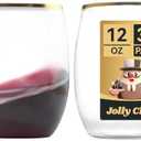 JOLLY CHEF 32 Pack 12oz Gold Plastic Wine Glasses Stemless, Disposable Wine Cups, Premium Quality, Recyclable, Unbreakable, Crystal and BPA-Free for Party