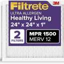 Filtrete 24x24x1 AC Furnace Air Filter, MERV 12, MPR 1500, CERTIFIED asthma & allergy friendly, 3 Month Pleated 1-Inch Electrostatic Air Cleaning Filter, 2-Pack (Actual Size 23.81x23.81x0.78 in)