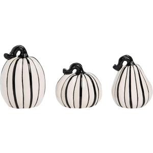 Transpac 3-Piece Dolomite 6.25" Black & White Pumpkins Decor Halloween Autumn Fall Harvest Tabletop End Table Kitchen Table Fireplace Mantle Decoration Multicolor