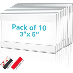 3X5 Inch Clear Acrylic Sign Holder  Reusable Adhesive & Magnetic Strip Included  Peel & Stick Wall/Tabletop Display for Menus, Labels, Signage (10 Pack)