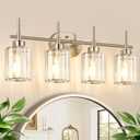 Modern Crystal Vanity Light Fixtures, 4-Light Brushed Nickel Bathroom Vanity Lighting Over Mirror, Bathroom Light Fixture with K9 Clear Crystal Shades for Bedroom, Living Room, Hallway