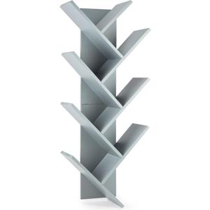 7-Tier Wall Mounted Book Organizer - Grey Pine Wood Book Tree for Bedroom