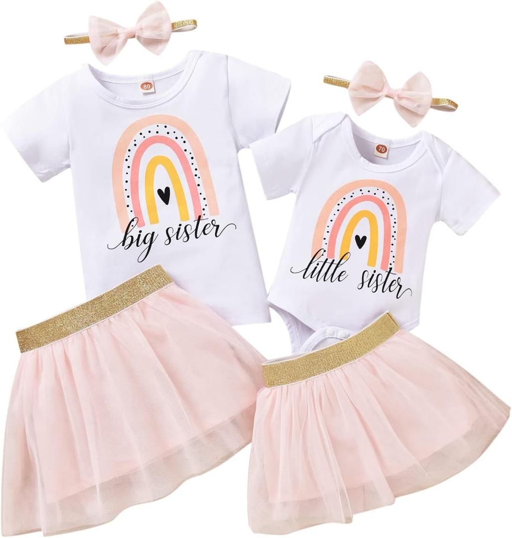 Big Sister Little Sister Matching Outfits Baby Girl Romper/Toddler Girl T-shirt Tops with Tutu Skirt Clothes Set (Pink, 120)