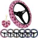 Leopard Steering Wheel Cover with Keychain, Elastic Fuzzy Fur Cheetah Car Steering Wheel Protector Women Girl Car Accessories Universal Fit 15 inch Fit Auto, Suvs, Truck- Pink