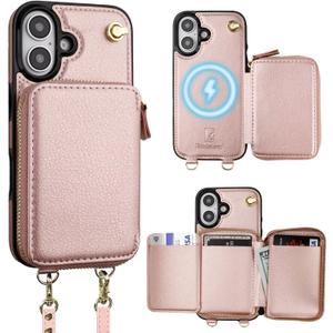 Bocasal for MagSafe Crossbody Wallet Case Compatible with iPhone 16, RFID Blocking Protective Purse Case with Card Slots Holder Kickstand Wrist Strap Lanyard Zipper 6.1 Inch 5G (Rose Gold)