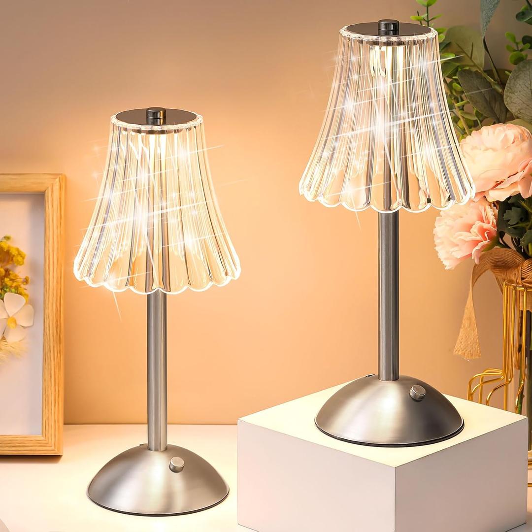 Liliful 2 Pcs Cordless Table Lamp Rechargeable Touch LED Small Gold Portable Battery Operated USB-c Desk Lamp 3 Color Dimmable for Bedroom Living Room Dining (Silver,Rose Style)