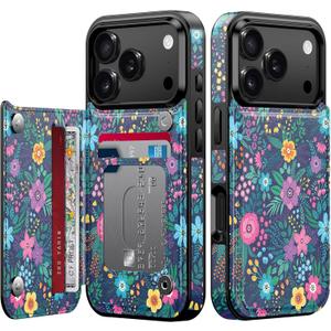 Goodon for iPhone 17 Pro Max Case Wallet - Flip Folio Leather Cover with Trendy Floral Design, 3 Card Slots & Kickstand Function, Stylish Protective Phone Case for Women and - Cute Blooming Flowers