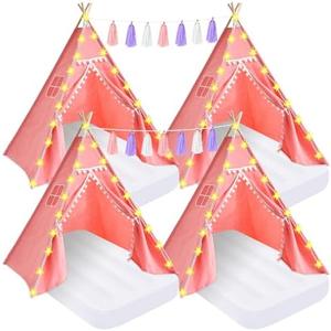 PLULON 4 Pack Teepee Tent for Kids Slumber Party Tents for Girls Sleepover Tents with Inflatable Airbed and Tent Decorations Play Tent for Birthday Party Indoor Outdoor, for Kids