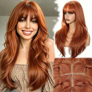 Long Ginger Wig with Bangs for Women,4x4 Realistic Scalp,Free Parting Wig,26 Inch Orange Wavy Layered Wigs Realistic Synthetic Heat Resistant for Daily Party Cosplay Party Use