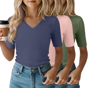 LessonZoo 3 Pack Girls Short Sleeve Slim Shirts, 3-Color Set, 7-8 Years