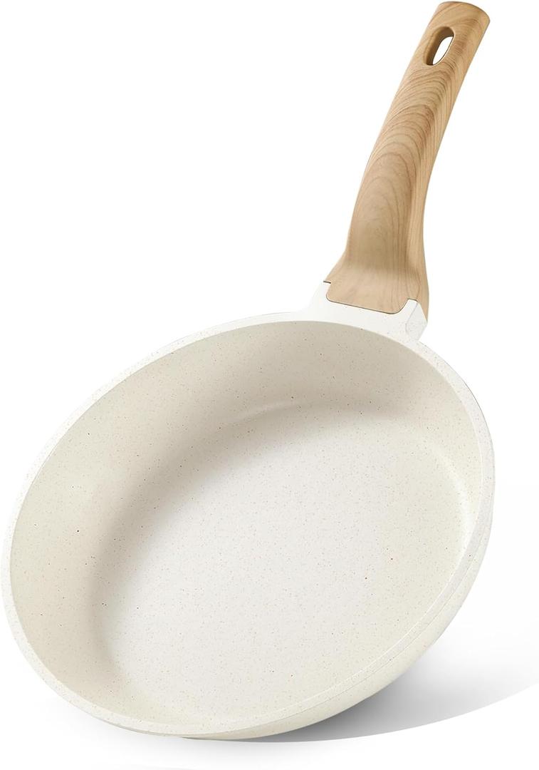 CAROTE Non Stick Frying Pan Skillet, Omelet Pan, Healthy Non Toxic Granite Chef Pan, Induction Compatible Egg Frying Pan with Heat-Resistant Handle, PFOA-Free,Cream White, 8"