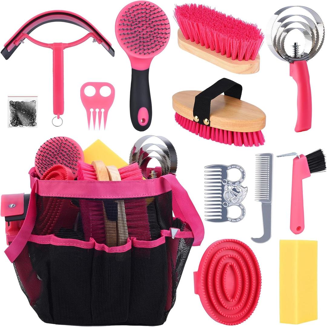 Horse Grooming Kit 13 Piece, Horse Brushes for Grooming Supplies with Tote Bag, Horses Tack Brush Set for Effective Grooming and Cleaning, Gift for Horse Riders Beginners (Pink)