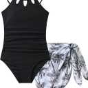 Girls Swimsiut One-Piece Bathing Suit with Mesh Cover Ups Adjustable Straps Cut Out Swimwear Size 7-16